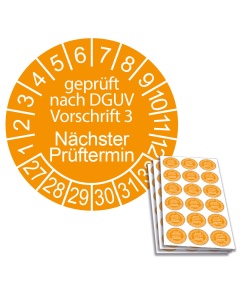 Prüfplakette geprüft nach DGUV Vorschrift 3 - Nächster Prüftermin 2027, Ø 20mm, 18/Bogen, in Jahresfarbe