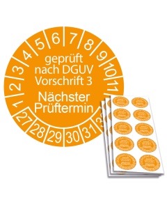 Prüfplakette geprüft nach DGUV Vorschrift 3 - Nächster Prüftermin 2027, Ø 30mm, 10/Bogen, in Jahresfarbe
