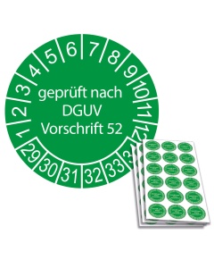Prüfplakette geprüft nach DGUV Vorschrift 52 - 2029, Ø 20mm, 18/Bogen, in Jahresfarbe