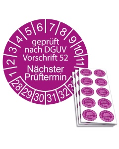 Prüfplakette geprüft nach DGUV Vorschrift 52 - Nächster Prüftermin - 2028, Ø 30mm, 10/Bogen, in Jahresfarbe
