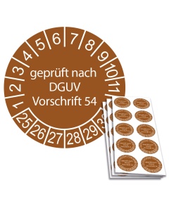 Prüfplakette geprüft nach DGUV Vorschrift 54 - 2025, Ø 30mm, 10/Bogen, in Jahresfarbe