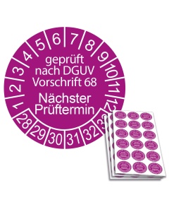 Prüfplakette geprüft nach DGUV Vorschrift 68 - 2028, Ø 20mm, 18/Bogen, in Jahresfarbe