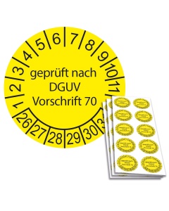 Prüfplakette geprüft nach DGUV Vorschrift 70 - 2026, Ø 30mm, 10/Bogen, in Jahresfarbe