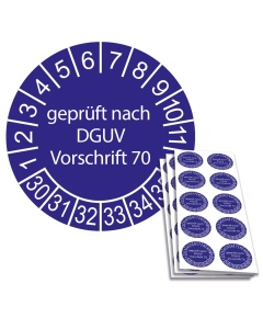Prüfplakette geprüft nach DGUV Vorschrift 70 - 2030, Ø 30mm, 10/Bogen, in Jahresfarbe