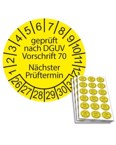 Prüfplakette geprüft nach DGUV Vorschrift 70 - Nächster Prüftermin - 2026, Ø 20mm, 18/Bogen, in Jahresfarbe