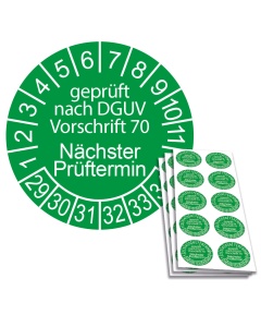 Prüfplakette geprüft nach DGUV Vorschrift 70 - Nächster Prüftermin - 2029, Ø 30mm, 10/Bogen, in Jahresfarbe