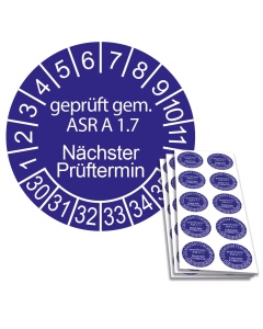 Prüfplakette geprüft gem. ASR A 1.7 - Nächster Prüftermin - 2030, Ø 30mm, 10/Bogen, in Jahresfarbe