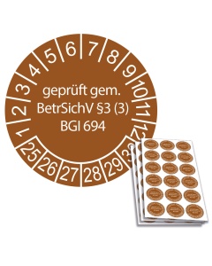 Prüfplakette geprüft gem. BetrSichV §3 (3) BGI 694 - 2025, Ø 20mm, 18/Bogen, in Jahresfarbe