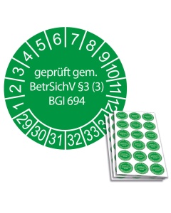Prüfplakette geprüft gem. BetrSichV §3 (3) BGI 694 - 2029, Ø 20mm, 18/Bogen, in Jahresfarbe