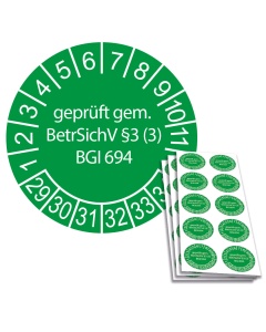 Prüfplakette geprüft gem. BetrSichV §3 (3) BGI 694 - 2029, Ø 30mm, 10/Bogen, in Jahresfarbe