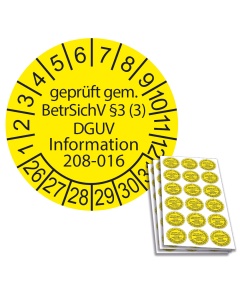 Prüfplakette geprüft gem. BetrSichV §3 (3) DGUV Information 208-016 - 2026, Ø 20mm, 18/Bogen, in Jahresfarbe