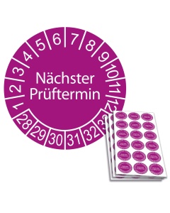 Prüfplakette "Nächster Prüftermin" Einzelansicht und 18-er Bogen