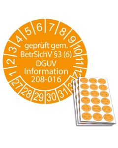 Prüfplakette geprüft gem. BetrSichV §3 (6) DGUV Information 208-016 - 2027, Ø 20mm, 18/Bogen, in Jahresfarbe