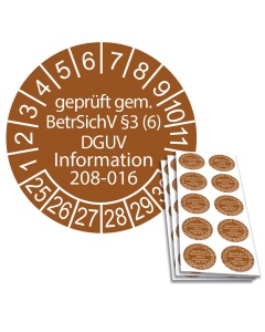 Prüfplakette geprüft gem. BetrSichV §3 (6) DGUV Information 208-016 - 2025, Ø 30mm, 10/Bogen, in Jahresfarbe