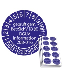 Prüfplakette geprüft gem. BetrSichV §3 (6) DGUV Information 208-016 - 2030, Ø 30mm, 10/Bogen, in Jahresfarbe