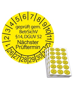 Prüfplakette geprüft gem. BetrSichV §14, DGUV 52 - Nächster Prüftermin - 2026, Ø 20mm, 18/Bogen, in Jahresfarbe