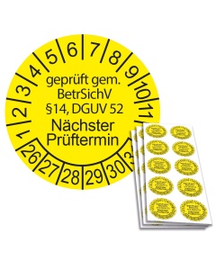 Prüfplakette geprüft gem. BetrSichV §14, DGUV 52 - Nächster Prüftermin - 2026, Ø 30mm, 10/Bogen, in Jahresfarbe