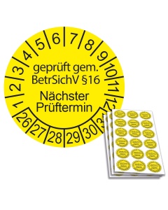 Prüfplakette geprüft gem. BetrSichV §16 - Nächster Prüftermin - 2026, Ø 20mm, 18/Bogen, in Jahresfarbe