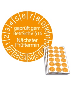 Prüfplakette geprüft gem. BetrSichV §16 - Nächster Prüftermin - 2027, Ø 20mm, 18/Bogen, in Jahresfarbe