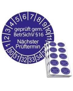 Prüfplakette geprüft gem. BetrSichV §16 - Nächster Prüftermin - 2030, Ø 30mm, 10/Bogen, in Jahresfarbe
