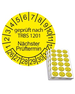 Prüfplakette geprüft nach TRBS 1201 - Nächster Prüftermin - 2026, Ø 20mm, 18/Bogen, in Jahresfarbe
