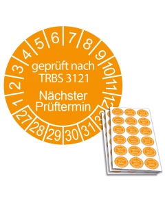 Prüfplakette geprüft nach TRBS 3121 - Nächster Prüftermin - 2027, Ø 20mm, 18/Bogen, in Jahresfarbe