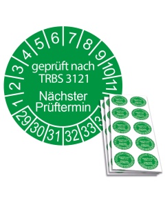 Prüfplakette geprüft nach TRBS 3121 - Nächster Prüftermin - 2029, Ø 30mm, 10/Bogen, in Jahresfarbe