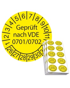 Prüfplakette "Geprüft nach VDE 0701/0702", Einzelabbildung und Abbildung auf 10er Bogen