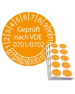 Prüfplakette "Geprüft nach VDE 0701/0702", Einzelabbildung und Abbildung auf 10er Bogen