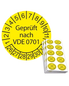 Prüfplakette "Geprüft nach VDE 0701", Einzelabbildung und Abbildung auf 10er Bogen