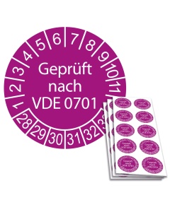 Prüfplakette "Geprüft nach VDE 0701", Einzelabbildung und Abbildung auf 10er Bogen