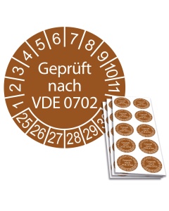 Prüfplakette "Geprüft nach VDE 0702", Einzelabbildung und Abbildung auf 10er Bogen
