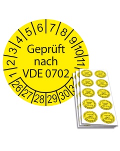 Prüfplakette "Geprüft nach VDE 0702", Einzelabbildung und Abbildung auf 10er Bogen