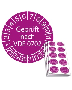 Prüfplakette "Geprüft nach VDE 0702", Einzelabbildung und Abbildung auf 10er Bogen