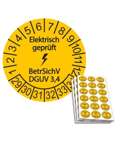 Prüfplakette Elektrisch geprüft - BetrSichV DGUV 3,4 - 2029, Ø 20mm, 18/Bogen