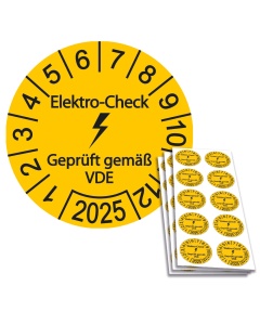 Prüfplakette Elektro-Check - Geprüft gemäß VDE - Jahresplakette 2025, Ø 30mm, 10/Bogen