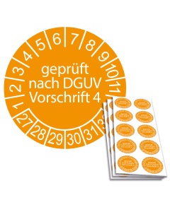 Prüfplakette geprüft nach DGUV Vorschrift 4 - 2027, Ø 30mm, 10/Bogen, in Jahresfarbe