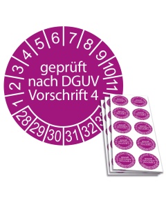 Prüfplakette geprüft nach DGUV Vorschrift 4 - 2028, Ø 30mm, 10/Bogen, in Jahresfarbe