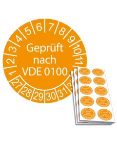 Prüfplakette "Geprüft nach VDE 0701", Einzelabbildung und Abbildung auf 10er Bogen