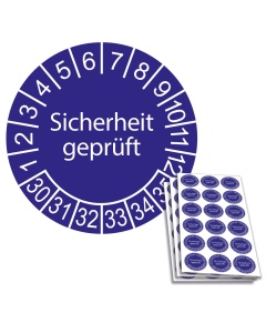 Prüfplakette Sicherheit geprüft 2030, Ø 20mm, 18/Bogen, in Jahresfarbe