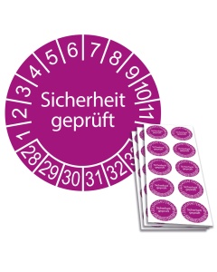 Prüfplakette Sicherheit geprüft 2028, Ø 30mm, 10/Bogen, in Jahresfarbe