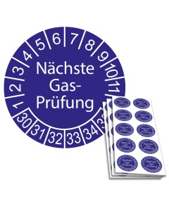 Prüfplakette Nächste Gas-Prüfung 2030, Ø 30mm, 10/Bogen, in Jahresfarbe