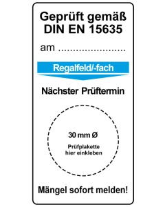 Regal-Kennzeichnung Grundplakette - Nächster Prüftermin - Geprüft gemäß DIN EN 15635, je 5 Stk.