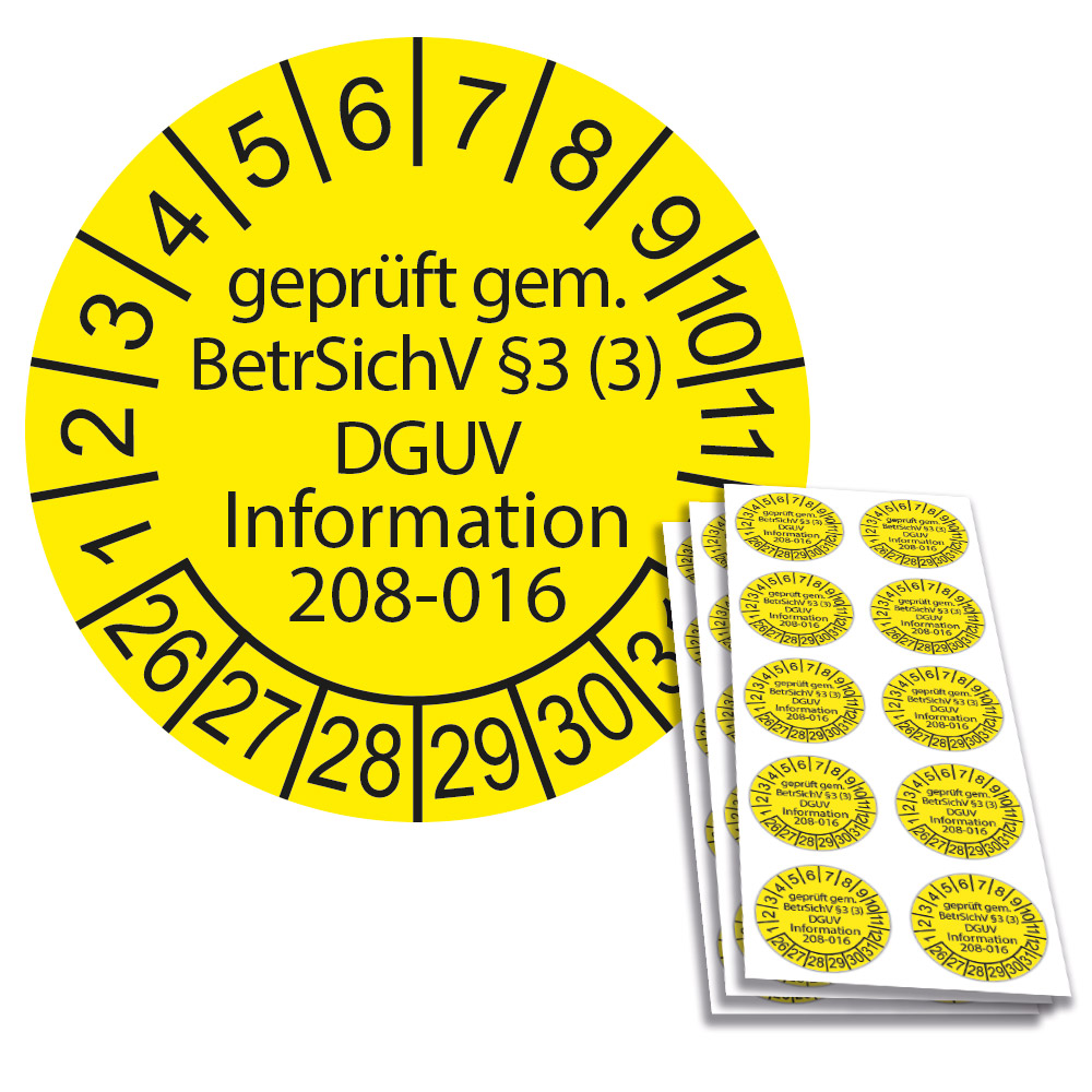 Prüfplakette geprüft gemäß BetrSichV und DGUV Information 208-016, Startjahr 2026